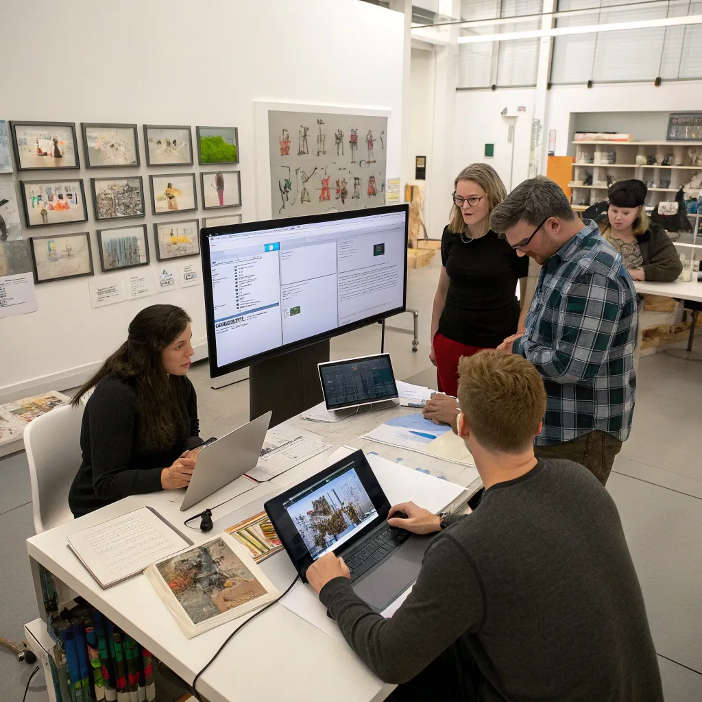 Animation studio team collaborating on a project